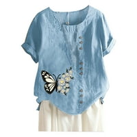 Meitianfacai Bluze za žene Dressy Ležerne prilike za žensko ljeto O-izrez Kratki rukav leptir od labave majice, bluza za žene Plave L