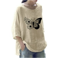 Ženski leptirski vrhovi, tinejdžerka pamučna posteljina tunika T košulje Slatki okrugli izrez Grafičke majice Vintage Loose Fit Bluza