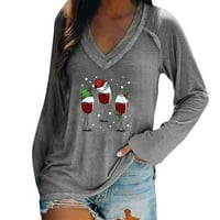Rollbacks ženske modne košulje dugih rukava V-izrez Božićni grafički grafički ispis bluza casual pulover
