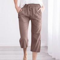 Fartey Womens Pamučne posteljine kapri hlače Solid u boji Lounge Prozračne pantalone na plaži Baggy Elastični džepovi za strugu Pokretanje hlača
