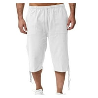 Elneeya Muške labave pamučne i posteljine plaže na plaži Casual Sportske hlače Čvrsto boje Sedam bodova Pamučne i posteljine kratke hlače bijeli XL