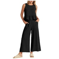 Ženski ljetni set 2-komada ruffleks s rukavima s rukavima gornji dio i široke hlače u loun-ge set sa džepovima