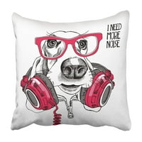 Crni slatki bassetski pas u crvenim čašama slušalice na vratu bijelo clot za crtanje jastučnice
