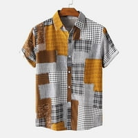 Muška modna ležerna pamučna posteljina tiskana košulja Cardigan kratki rukav lapeli bluza pamučne majice za muškarce vještačke majice za muškarce, žute, 3xl