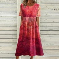 Ženske haljine okrugli dekolte, ležerna tiskana dužina gležnja A-line s kratkim rukavima ljetna haljina crvena xl