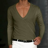 Muške modne seksi vitke fit košulje Duboko V-izrez dugih rukava Ležerna majica Tee Army Green M