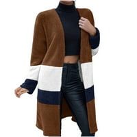 Ženska modna boja Blok Fleece Srednja dugačka kardigana plišane tople zimske jakne otvorene prednje duge džempere Kaputi