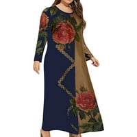 Midi haljine za ženska haljina za sunčanje Crta s dugim rukavima cvjetni plavi xl