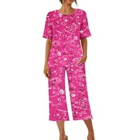 Ženska kupaonica Capri pijama Postavlja kratki rukav Dvodijelni PJS Crew Crw Lounge setovi vrhova i kapri hlače s džepovima vruće ružičaste L