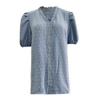 Majice za žene Solid Boja vrhova labava V izrez Tee bluza Bubble kratki rukav Ležerno ljeto Plavo a