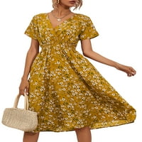 Enjiwell ženski cvjetni print Bohemian V izrez kratkih rukava šifon midi haljina