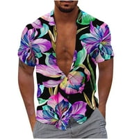 Anepal muškarci Ležerne prilike tiskane V-izrez Havajske košulje na plaži kratkih rukava Ležerne majice za muškarce, ljubičaste, s