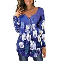 Žene Trendy Fall odjeća sakrij trbuh dugih rukava majica slatka cvijeća tunika bluza tamno plava xxl