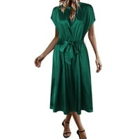 Ležerna ljetna haljina za žene sa pojasom elegantne haljine kratki rukav zamotavanje sa ovratnikom Ogrlica Plain Maxi haljina