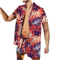 Odeerbi Muška majica Dressy Casual Tops Isključivanje Gumb Cardigan Ispiši bluzu na plaži s kratkim rukavima i hlače postavljene crvene boje