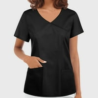 Crne t majice za žene dame V-izrez Solid Boja džepa s kratkim rukavima i postavite pamuk