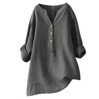 Jsaierl Womens Pamučne majice Plus size rukav vrhovi tunike Print V izrez T-majice Gumbi Lagani titlovi