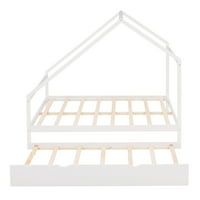 Platforma pune veličine sa izvlačenjem vitla i kotačićima, drveni okvir za krevet u obliku krova i čvrstim nosačima nosača, 2-uredni okvir za spavaću sobu, madrac nije uključen, bijeli