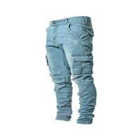 Klasični muškarci Jeans Casual Multi džepovi Solid Boja Mid struka Pleted pantalone Moda Wild olovka hlače Cargo Style