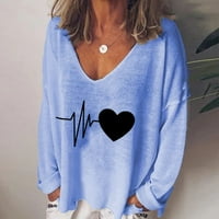Twifer Valentines Day Pokloni ženske majice Žene Modni Ležerni print V-izrez Loose majica s dugim rukavima Top bluza Pulover