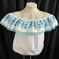 Panamska bluza, bijela sa tirkiznim izvezenim ruffle - Blusa Campesina seljak - Veličina L 44