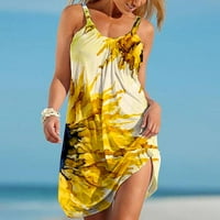 Žene plus veličina začištanja Žene Ležerne prilike bez rukava Haljine Crewneck Ljetna cvjetna turska haljina za plažu Žuta