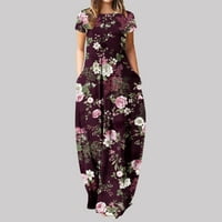 Ženska haljina s kratkim rukavima Duga Maxi sa džepovima sa džepovima okrugli vrat Vintage cvjetni print