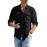Muška baggy pamučna posteljina džep čvrsti dugi rukav retro t majice za bluzu bluza crna m
