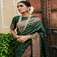 Janasya ženski zeleni banarasi svileni etnički motivi saree sa nepropuštenim komadom bluze