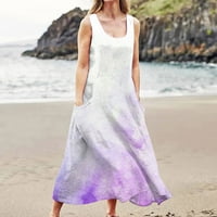 Ljetna haljina za čišćenje ženskih casual okruglih vrata iz džepa na plaži bez rukava od tiskane haljine bez rukava bijela