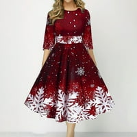 Dianhelloya O-izrez rukava u tijesnoj božićnoj haljini visokog struka Xmas Snowflake Print Veliki hem