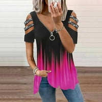 Ženski vrhovi žene ljetne majice kratki rukav V izrez Tunika sa patentnim zatvaračem hladnim ramenima
