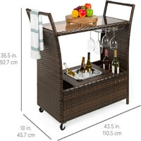 Vanjska valjka WICKER Bar Cart W Odvojivi kantu za led, staklena kontratop, držači za vinski staklo, odjeljci za odlaganje - smeđa