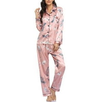 Satenske pidžame za žene - print cvjetni klasični opušteni loungewebrowward dugih rukava za spavanje noćne ruke