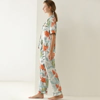 Pidžama za žene postavljene listove Ispis Ljeto kratki rukav imitacija svilene pantalone Kardigan labavi