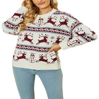 Gulirifei Women Božićni džemper s dugim rukavima okrugli vrat ELK pletena duksera Ležerne prilike za zabavu