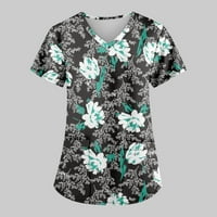 Tking Modne žene plus size Plus Tvrtke vrh V-izrez kratkih rukava cvijet, džepovi za tisak Radna bluza