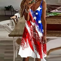 Farstey Ženska Dan nezavisnosti Termoak American Flag Ispiši špagete remenske haljine Tunic Comfy bez