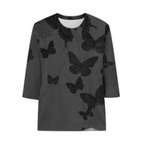 Cleance Ljeto Tri četvrtine rukava za žene Fall Crewneck modni leptir ispis pulover bluze crni xxl