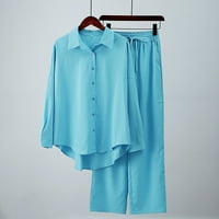 Doseith Fashion Wotna ovratnik dugme Čvrsta bluza s dugim rukavima + setovi labavih hlača, kratki set,
