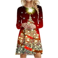 Maxi haljina za žene modna ženska modna božićna božićna stabla tisak dugih rukava okrugla vrata vina