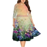 Plus size Boho Žene Haljine kratkih rukava Ležerne prilike Letnje cvjetno tiskane posade Tunika Tunika Pleated Swit Midi haljina