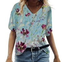 Farstey Ljetne majice za žene plus veličine list Ispis kratkih rukava Casual V izrez Lagana za odmor