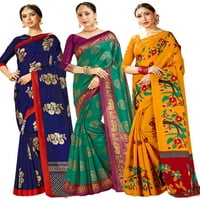 Pakovanje tri Sareesa za žene Mysore Art Silk ispisana indijski saree, vjenčani etnički poklon sari combo