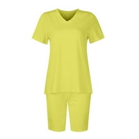 Sksloeg dvije odjeve za žene ljeto, odijelo čvrste kratkih rukava i kratkih kratkih kratkih kratkih vrata, žuti trenerke, žuti 3xl