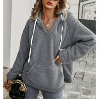 CLLIOS ženska casual moda pulover solidne boje kontrast plišana povremena odjeća s dugim rukavima V-izrez