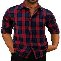 Niveer muškarci Regularne fit bluza s dugim rukavima Muški ležerne majice Dugme Radni flanel rever na vratu crvene s