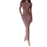 Vegersell Bodycon Maxi haljina Ženska kratka rukava Duga Bodycon Maxi Maksimalna majica Okrugli vrat Ležerna haljina za olovke sa remenom Čvrsta boja Elegantna formalna vjenčana haljina za goste, ružičasta