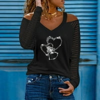Juebong Rhinestone Hladno ramene majice dugih rukava za žene V retter Halter vrat Majica Essentials Girls 'Solid Casual izdubljena rukavica sa ramena
