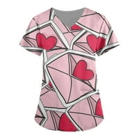 Valentinovo tiskani piling vrhovi za žene prozračne ljubavne srčane uzorak V-izrez T-majice TEE piling vrh s džepovima